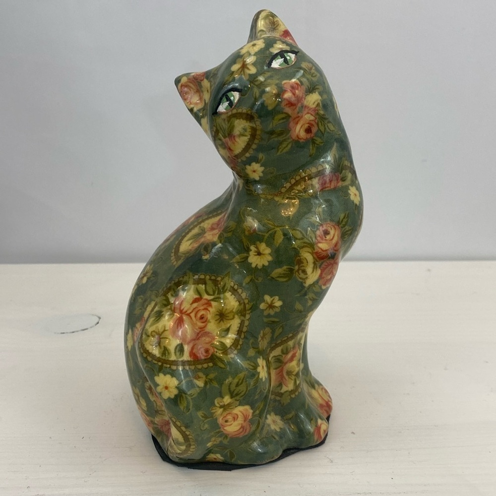 Vintage Victorian Floral Fabric Ceramic Cat